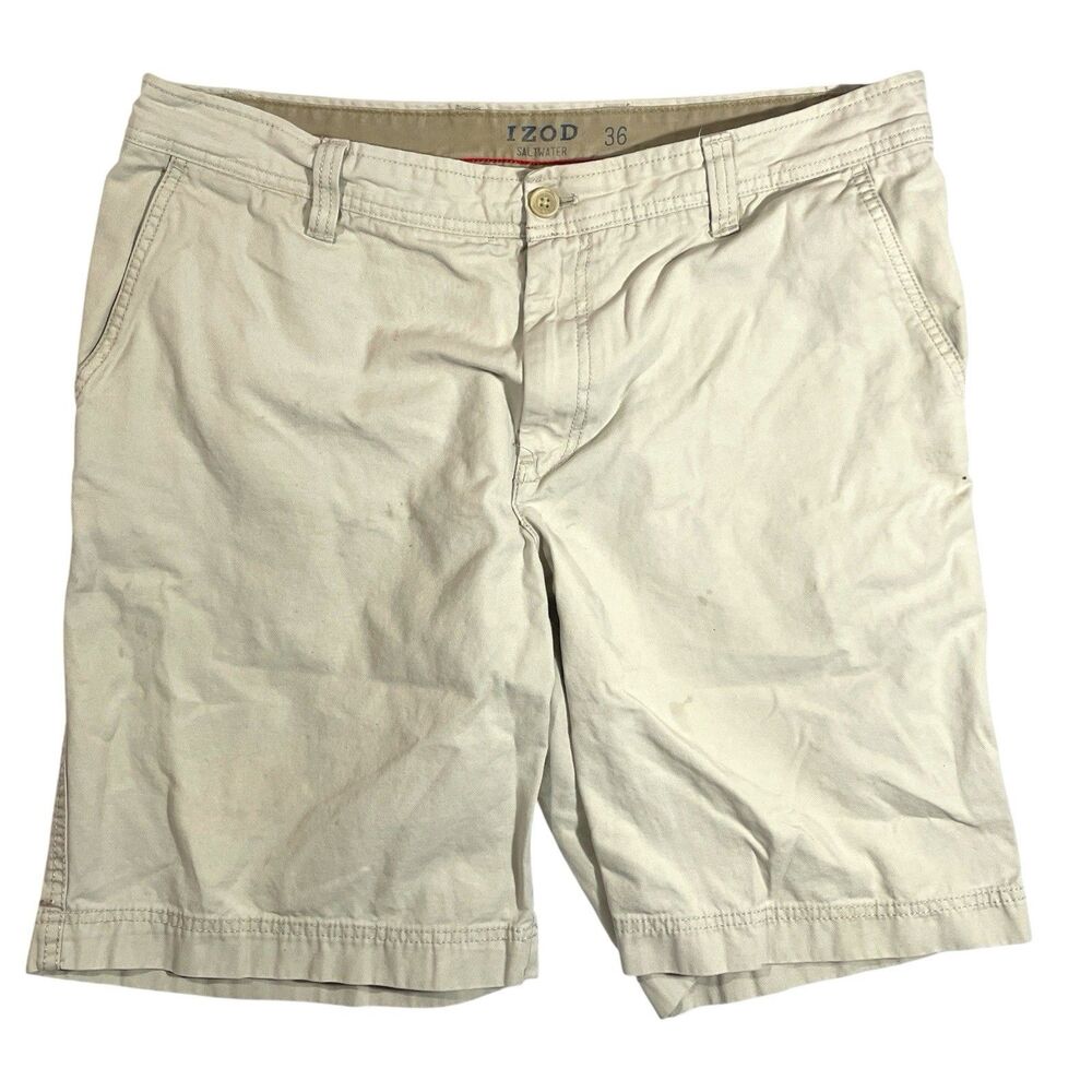 IZOD Saltwater Shorts Mens 36 Beige Cotton Flat Front Beach Summer Casual Flawed